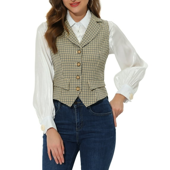 DARING DIVA Women's Plaid Waistcoat Notched Lapel Collar Vintage Vest M Brown