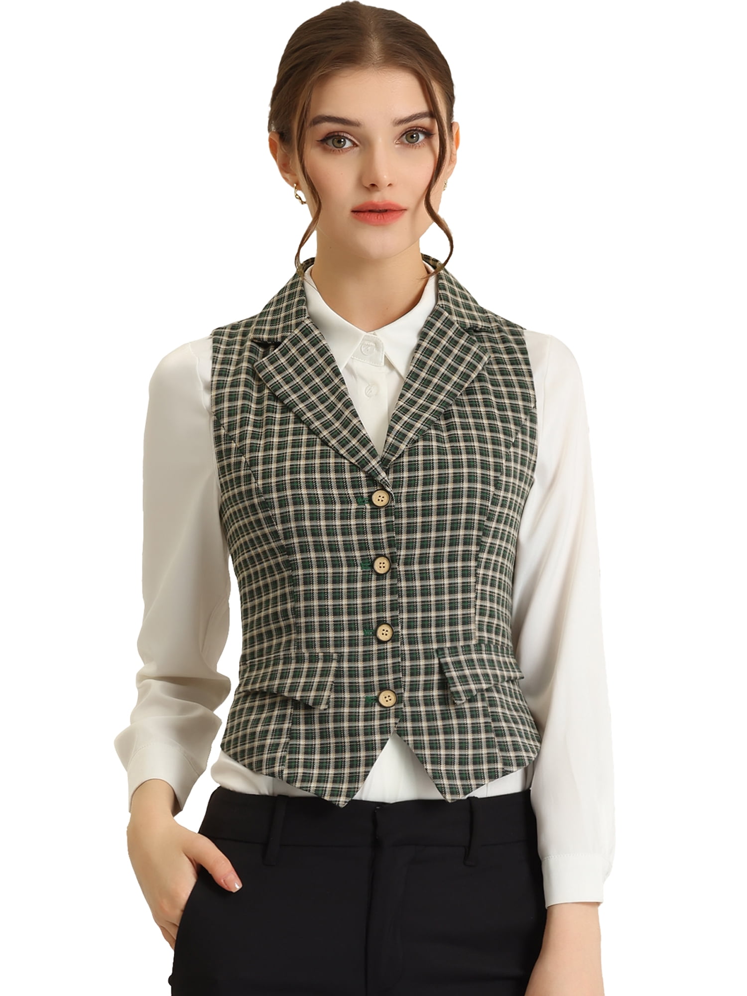 DARING DIVA Women's Plaid Waistcoat Notched Lapel Collar Vintage Vest S Green