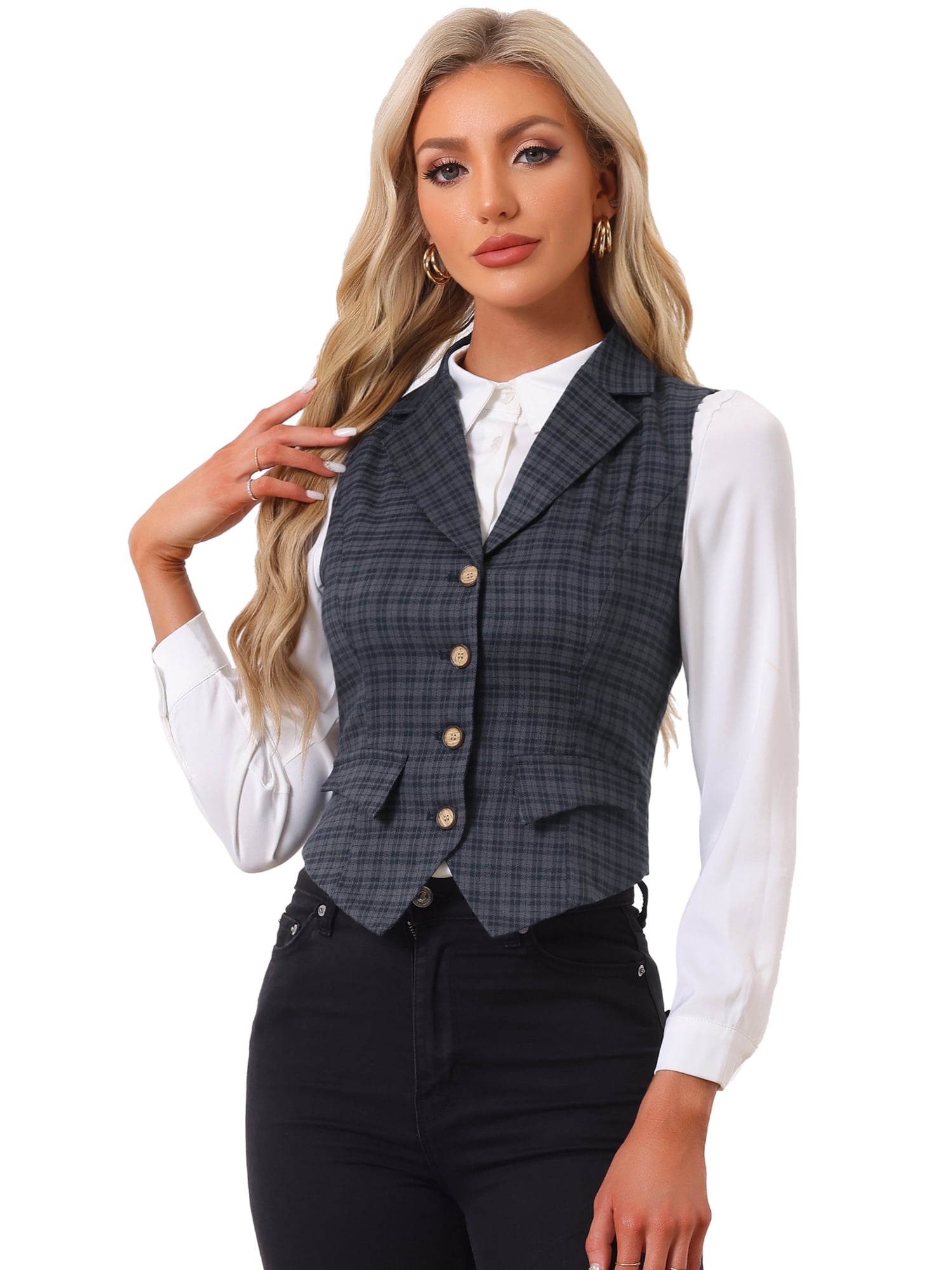 DARING DIVA Women's Plaid Waistcoat Notched Lapel Collar Vintage Vest S Grey Blue