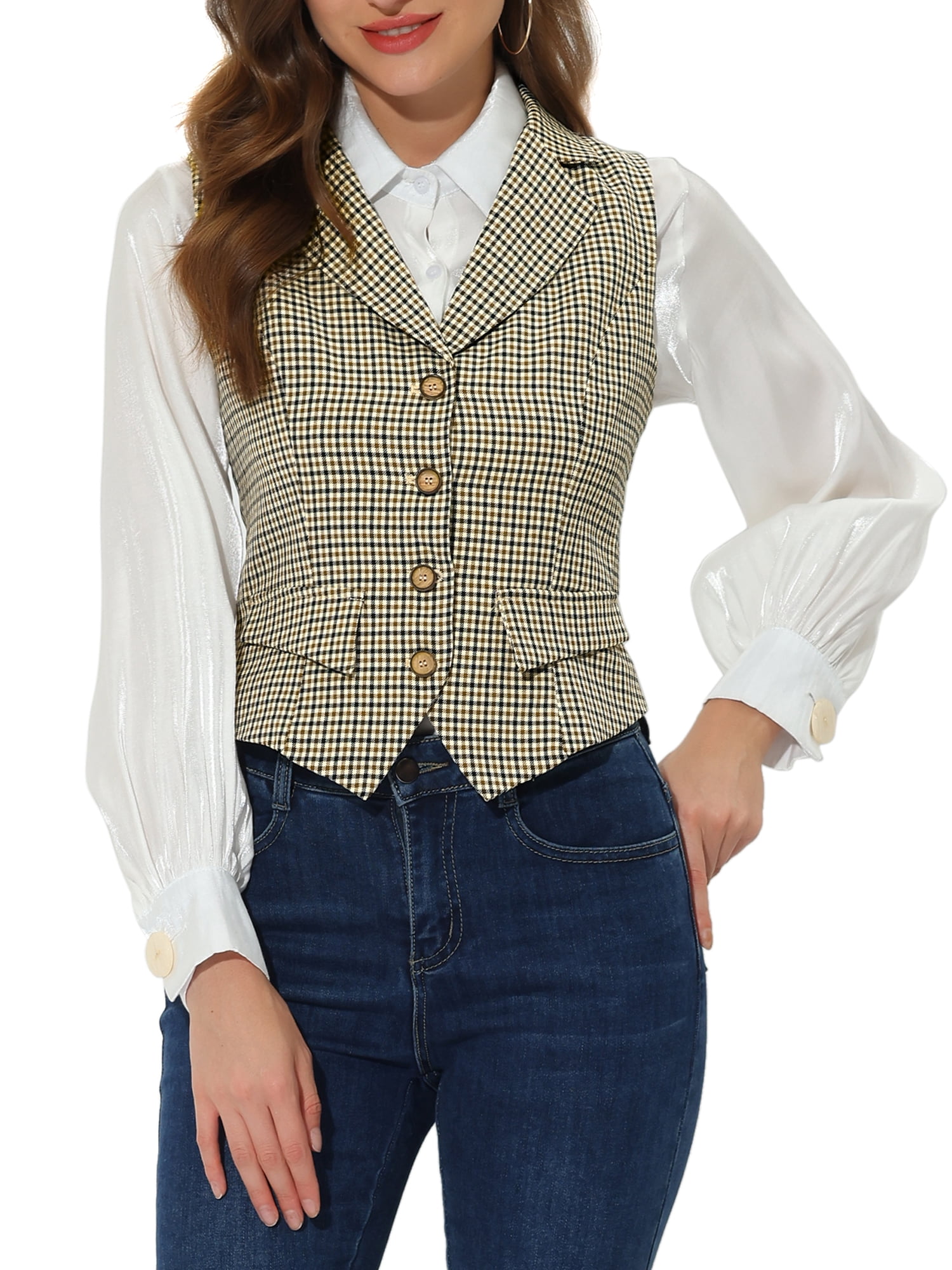 DARING DIVA Women's Plaid Waistcoat Notched Lapel Collar Vintage Vest XL Brown