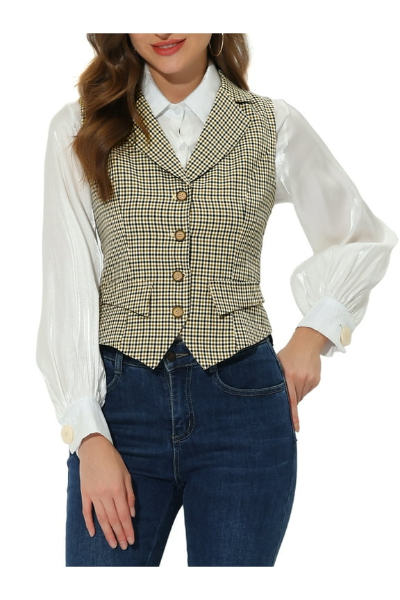 Women's Plaid Waistcoat Notched Lapel Collar Vintage Vest XL Brown