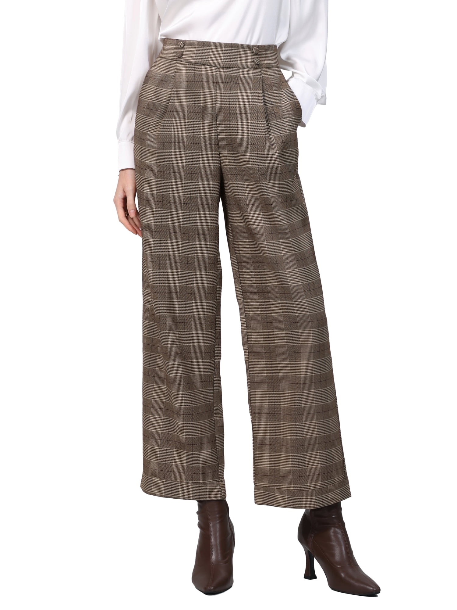 DARING DIVA Women's Plaid Work Pant High Waist Houndstooth Trousers M Brown