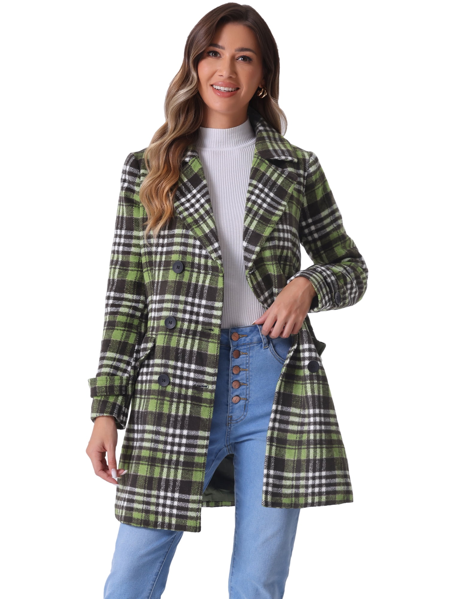 DARING DIVA Women's Plaids Double Breasted Notched Lapel Trench Coat Light Green L
