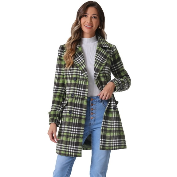 DARING DIVA Women's Plaids Double Breasted Notched Lapel Trench Coat Light Green L