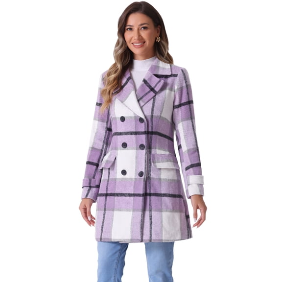 DARING DIVA Women's Plaids Double Breasted Notched Lapel Trench Coat Purple S