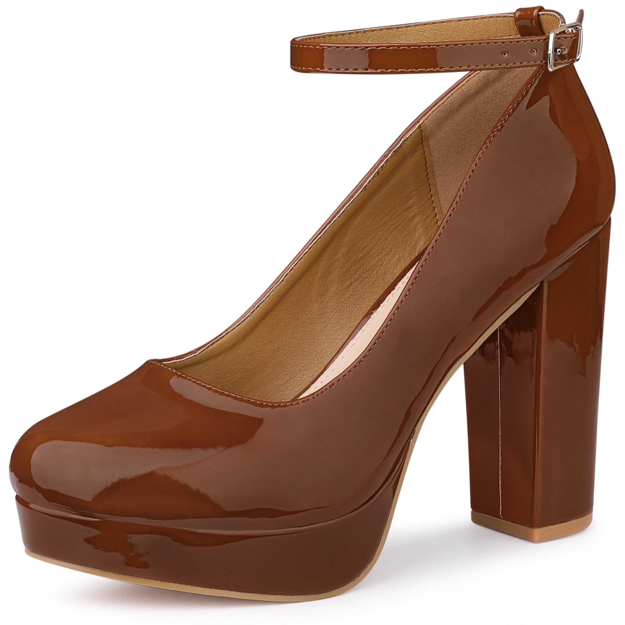 DARING DIVA Women's Platform Ankle Strap Chunky Heel Mary Janes Pumps Brown 9