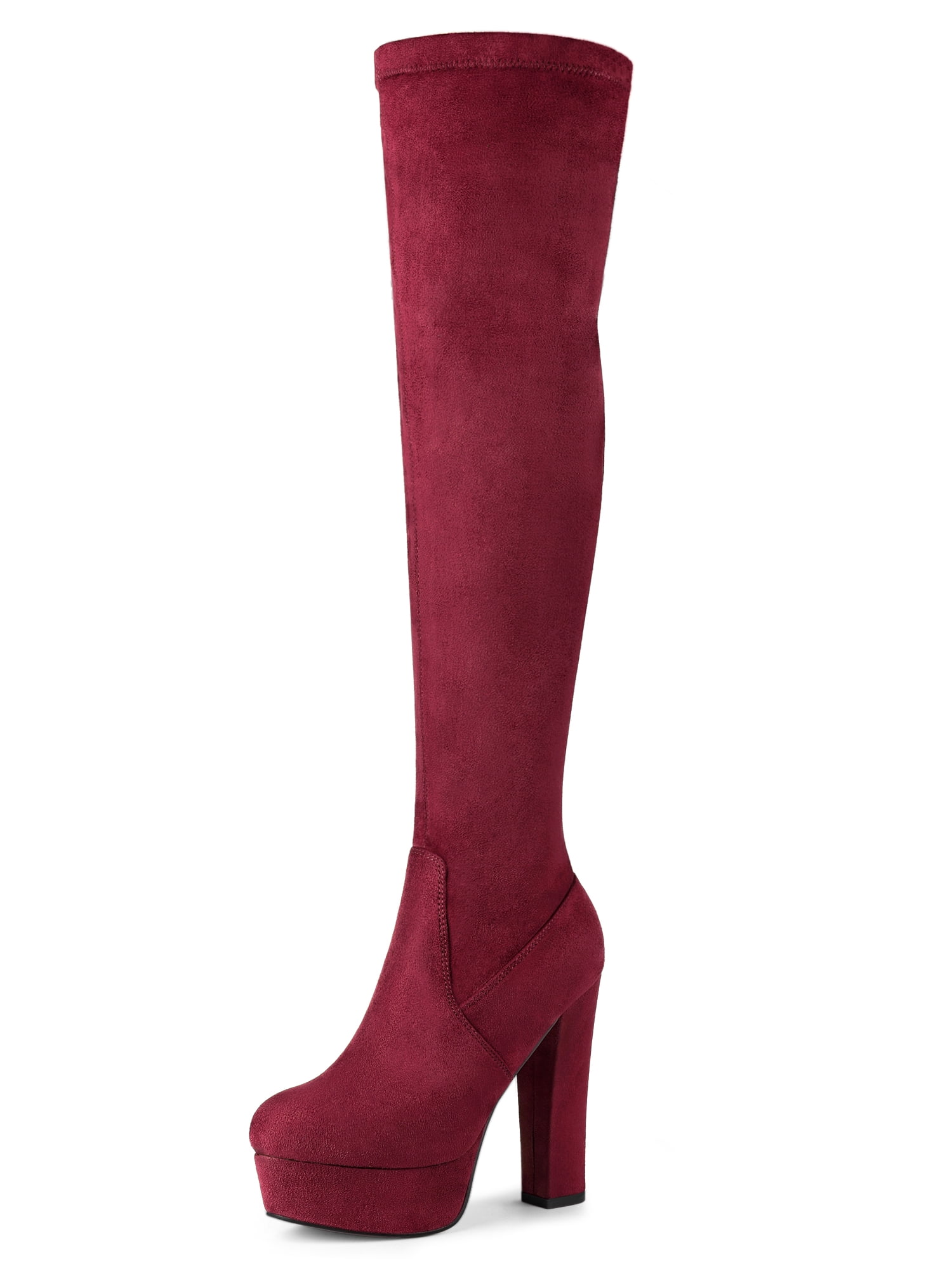 DARING DIVA Women's Platform Block Heel Over Knee High Boots Burgundy 6.5