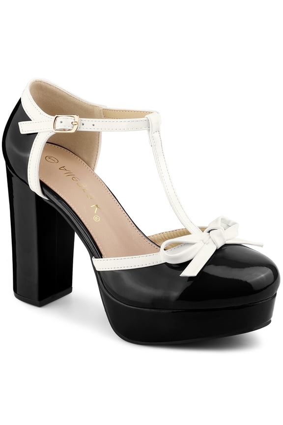 Women's Platform Bow T Strap Chunky Heels Pumps Black 11