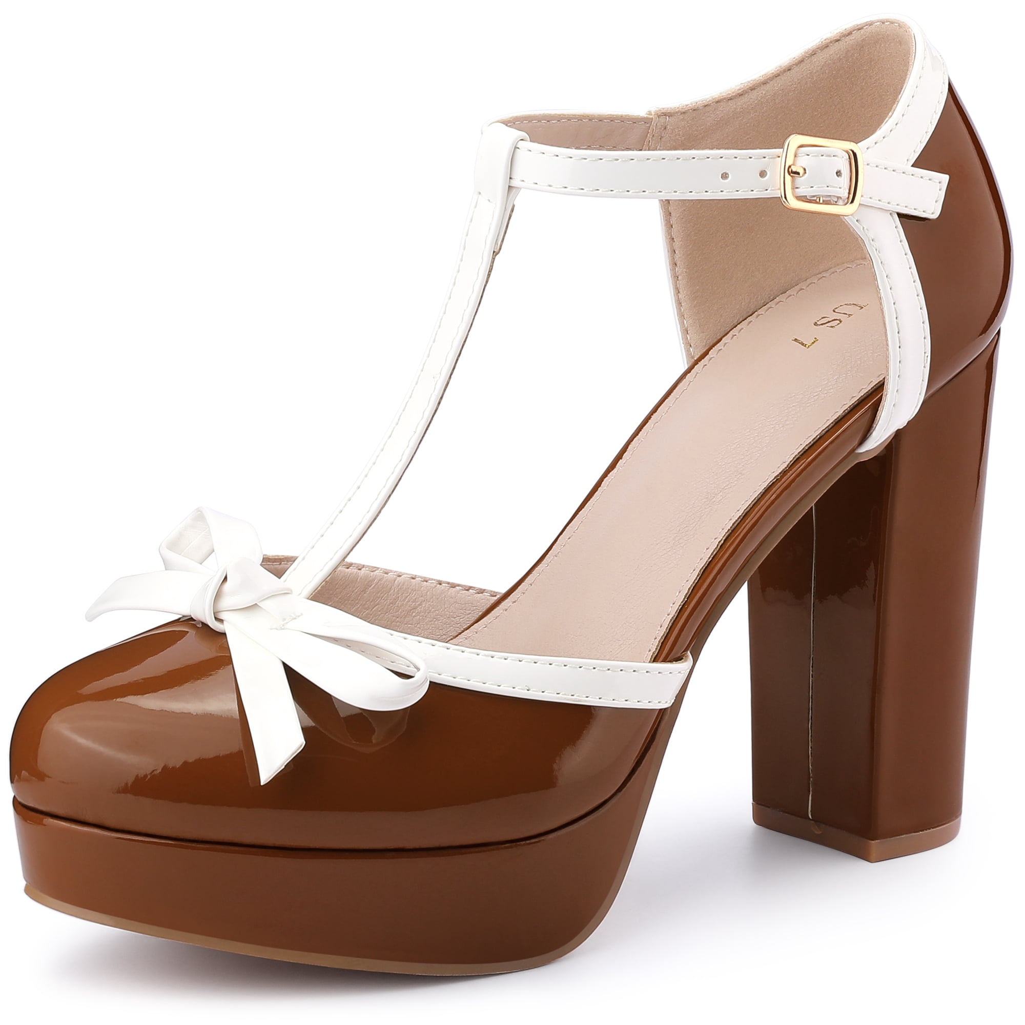 DARING DIVA Women's Platform Bow T Strap Chunky Heels Pumps Brown 8