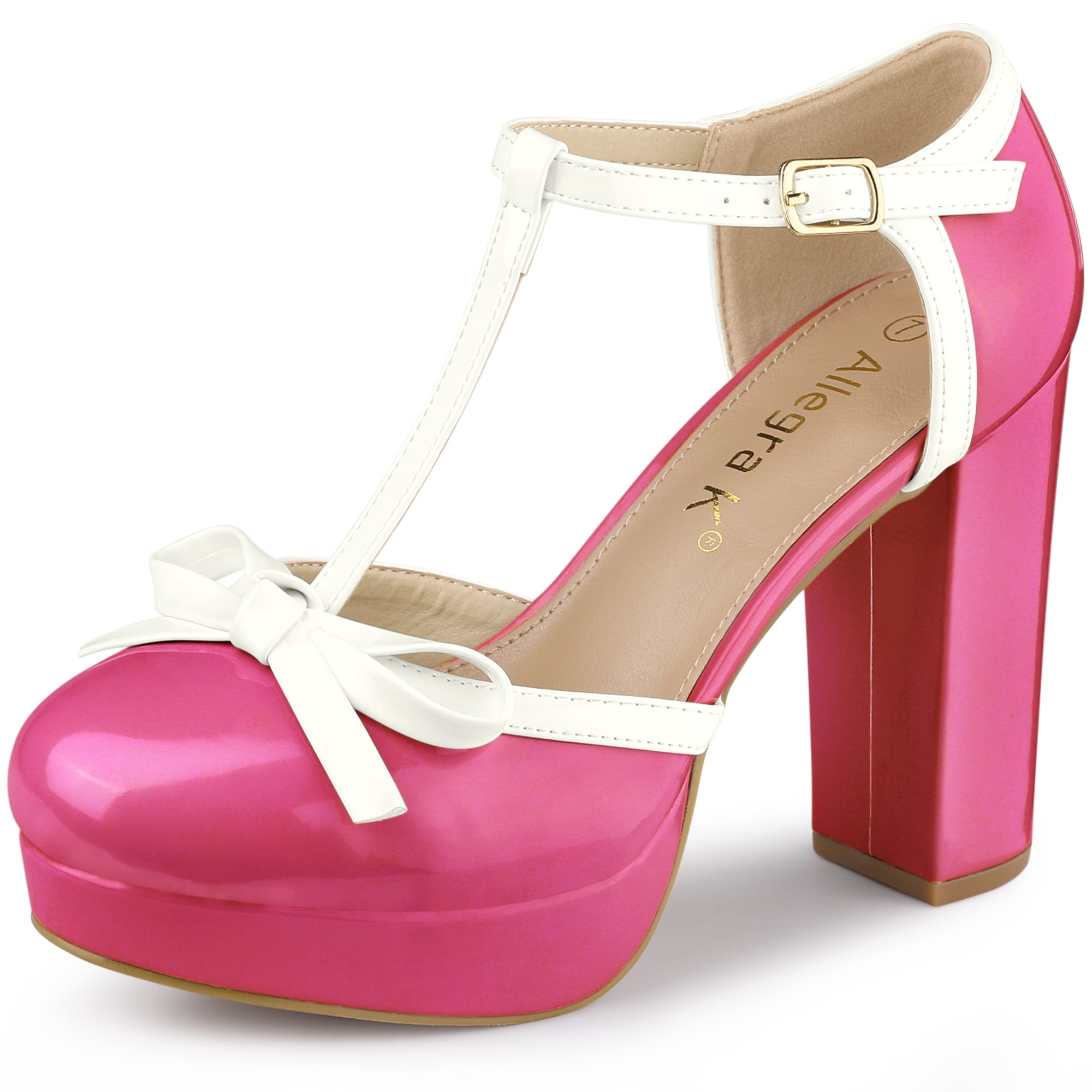DARING DIVA Women's Platform Bow T Strap Chunky Heels Pumps Hot Pink 10