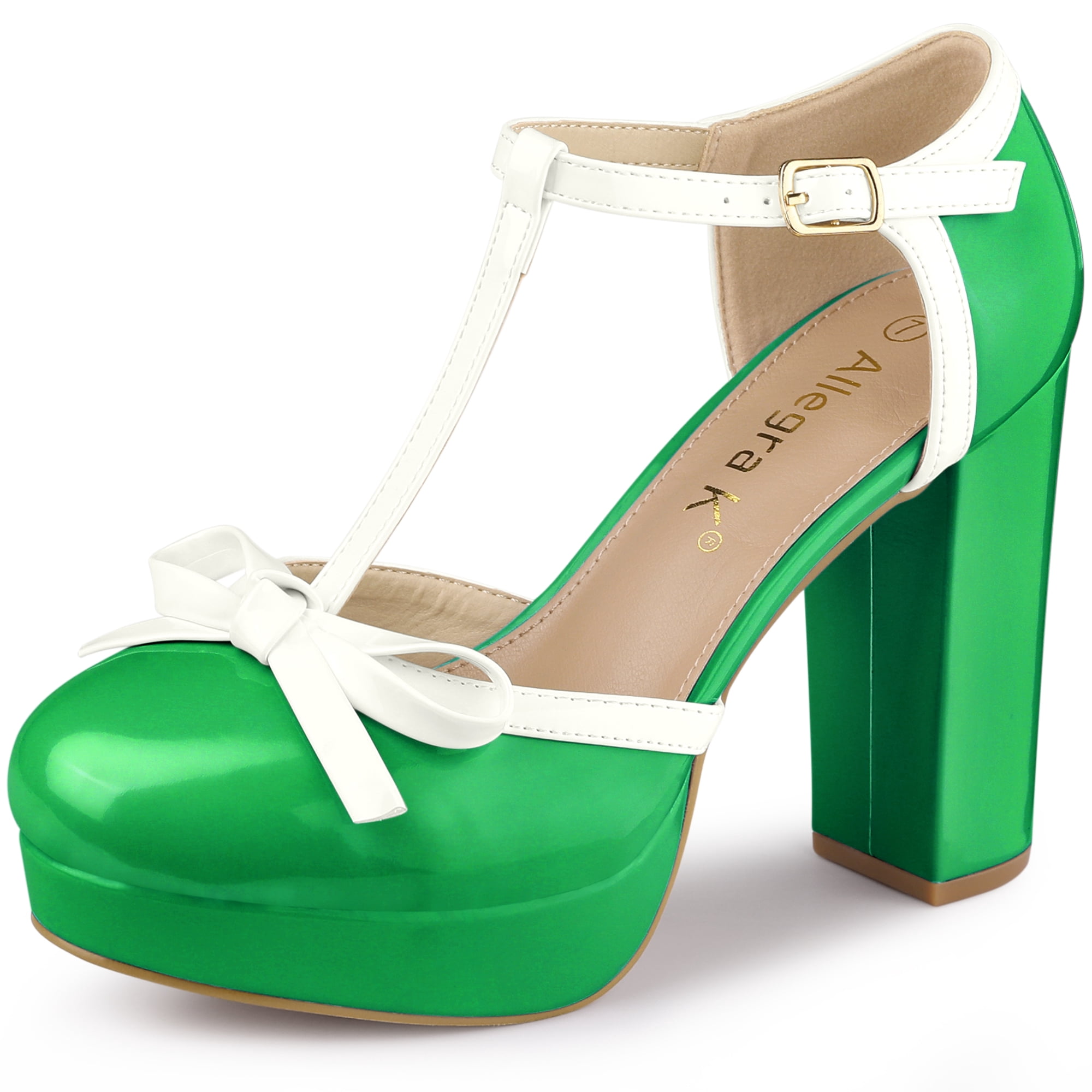 DARING DIVA Women's Platform Bow T Strap Chunky Heels Pumps Lime Green 6