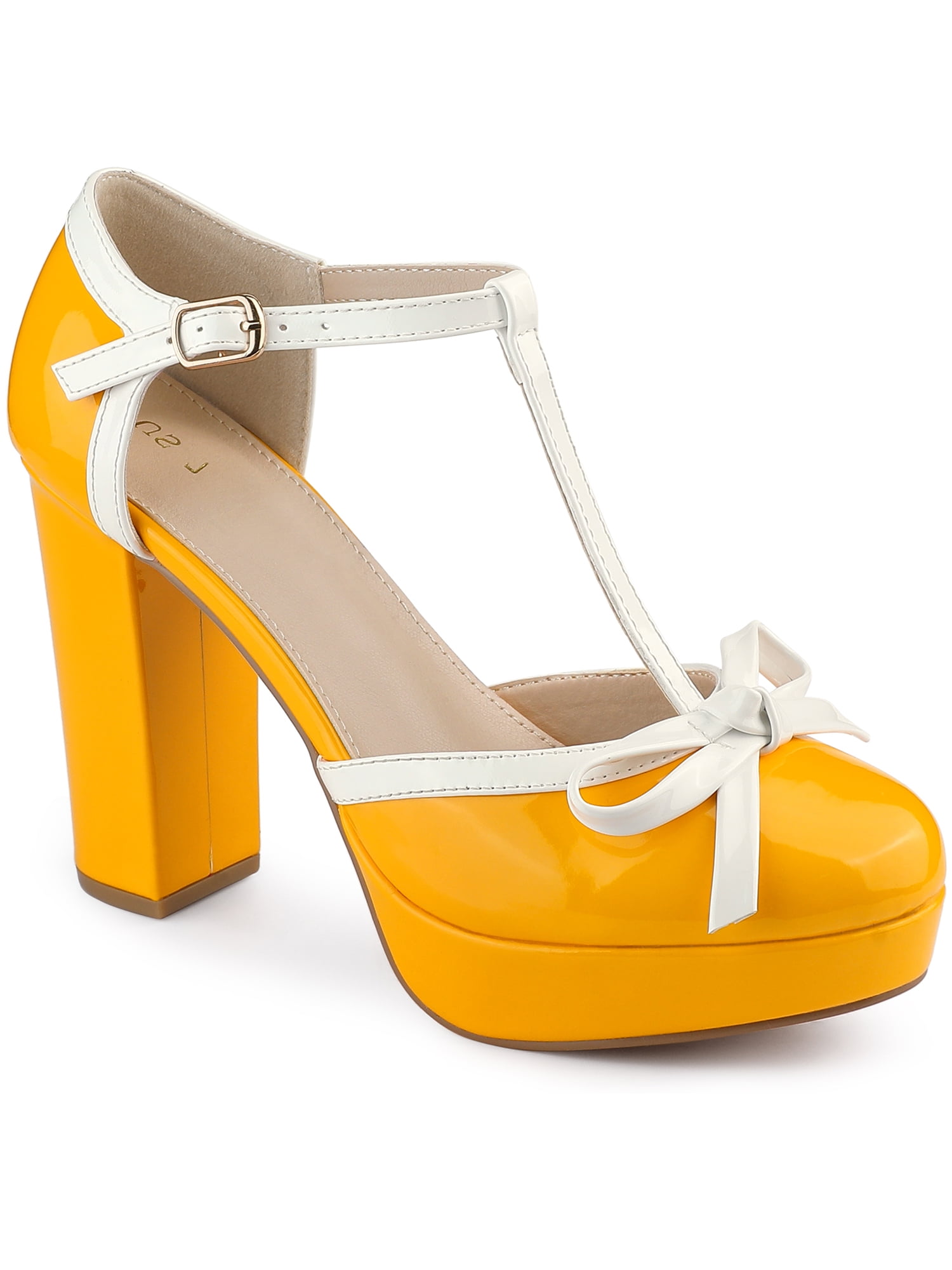 DARING DIVA Women's Platform Bow T Strap Chunky Heels Pumps Yellow 11