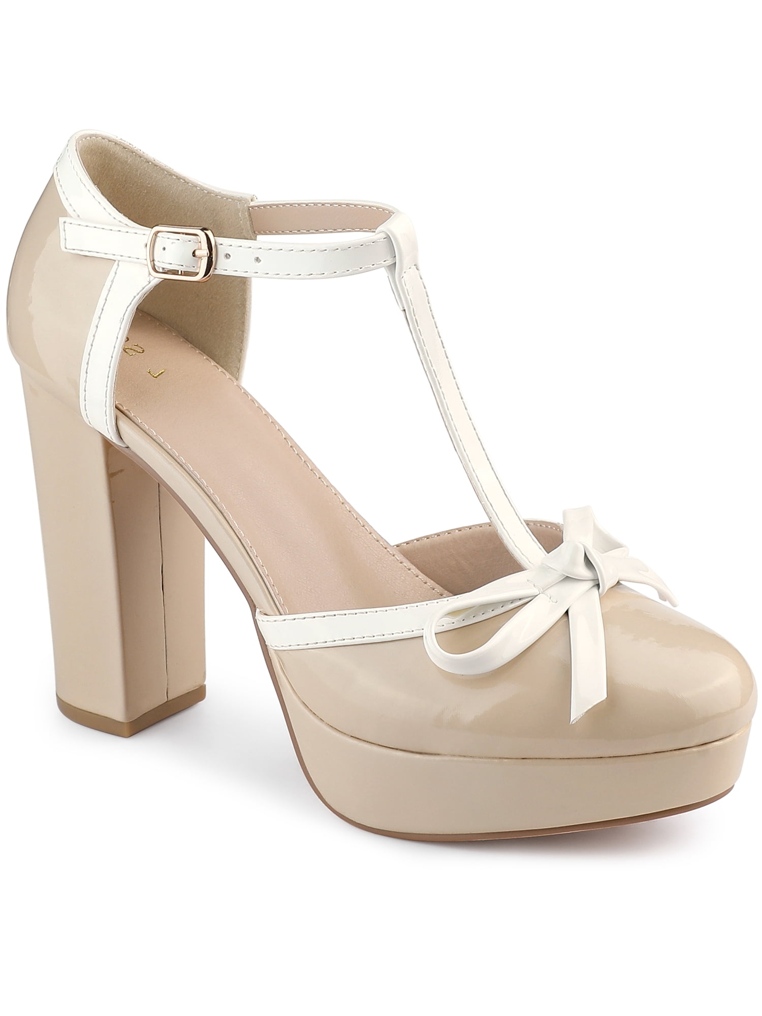Unique Bargains Women's Platform Bow T Strap Round Toe Pumps Nude 10