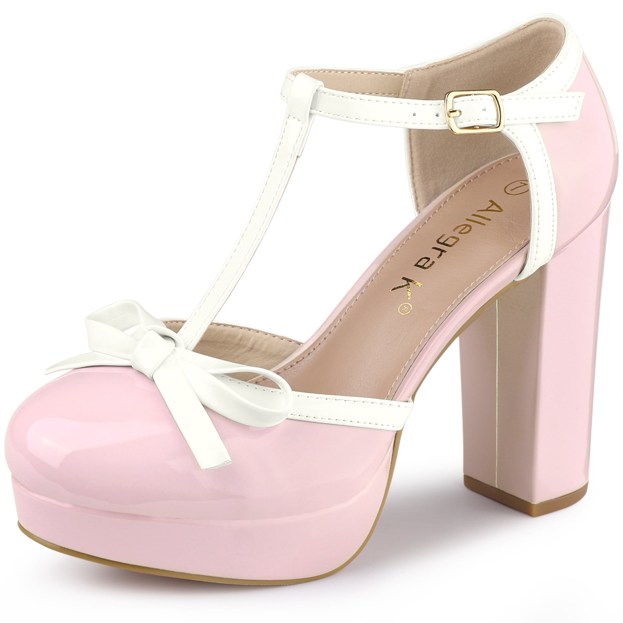 Unique Bargains Women's Platform Bow T Strap Round Toe Pumps Pink 8