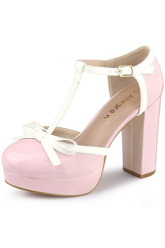 Women's Platform Bow T Strap Round Toe Pumps Pink 8