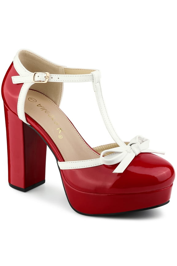 Women's Platform Bow T Strap Round Toe Pumps Red 8