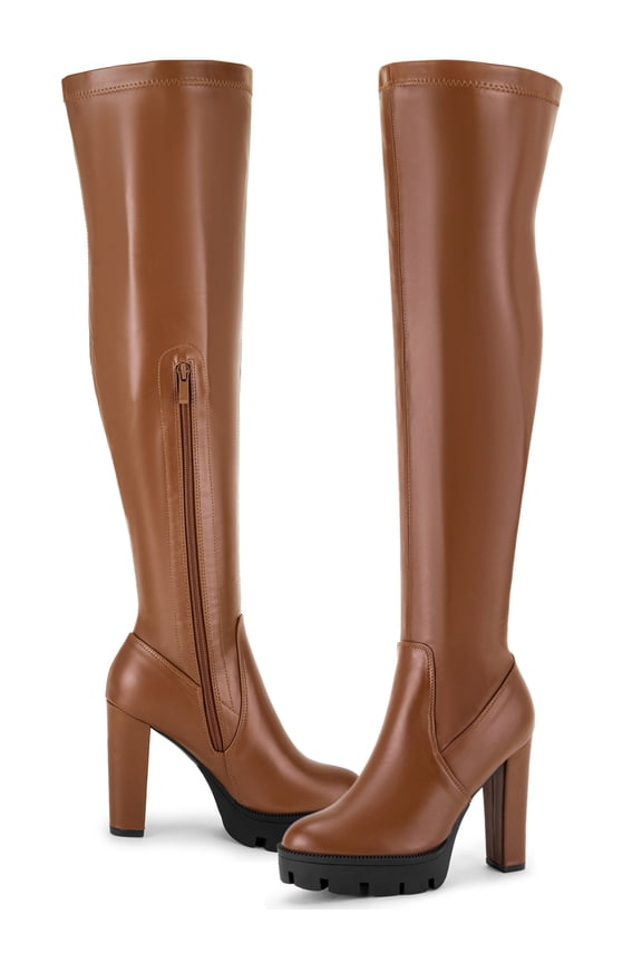 Women's Platform Chunky Heels Over the Knee High Boots Brown 9