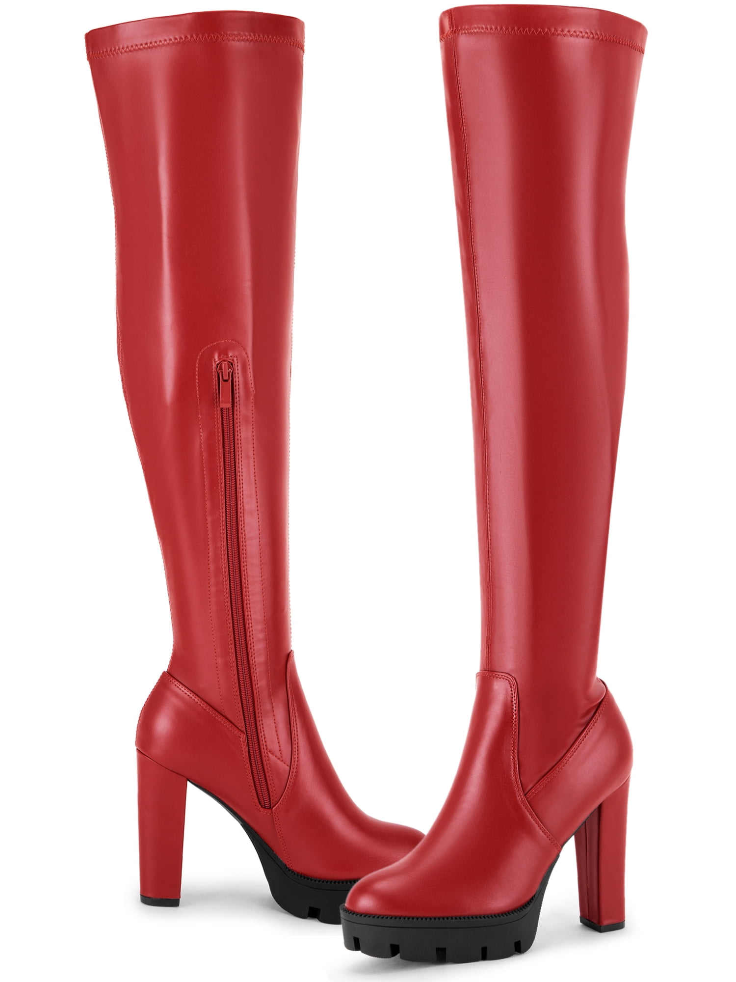 DARING DIVA Women's Platform Chunky Heels Over the Knee High Boots Red 8