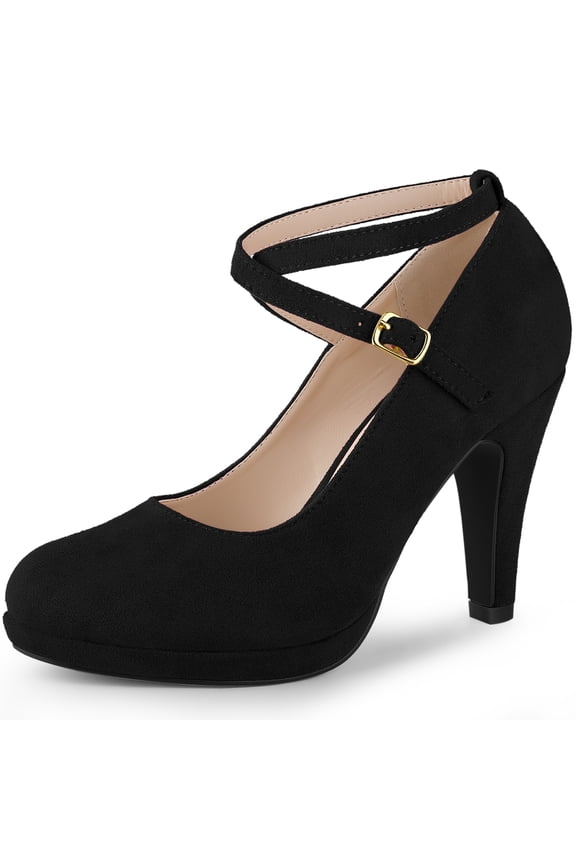Women's Platform Cross Strap Stiletto Heels Mary Jane Pumps Black 7