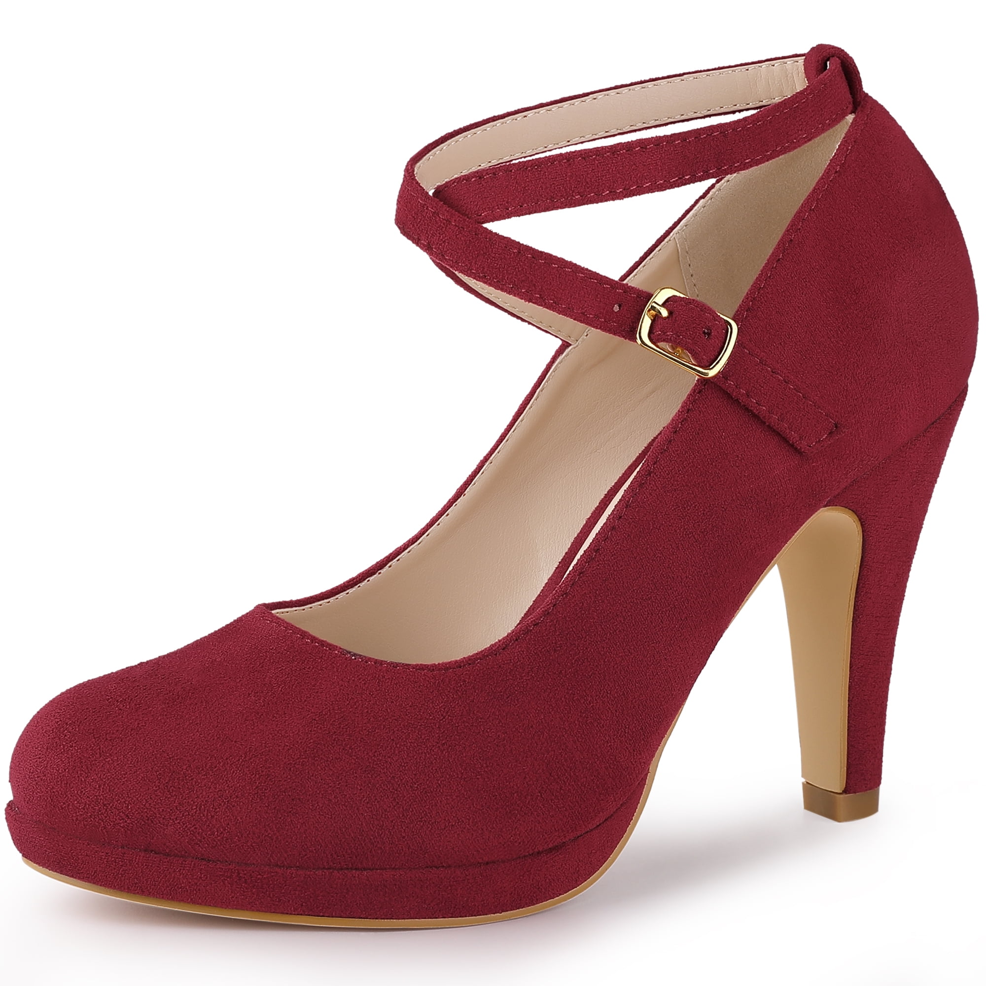DARING DIVA Women's Platform Cross Strap Stiletto Heels Mary Jane Pumps Burgundy 8.5