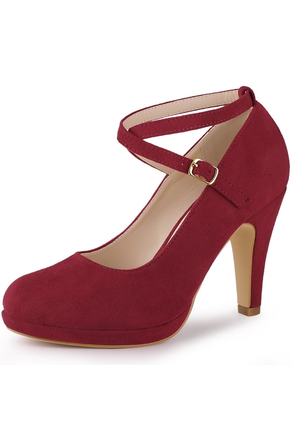 Women's Platform Cross Strap Stiletto Heels Mary Jane Pumps Burgundy 8.5