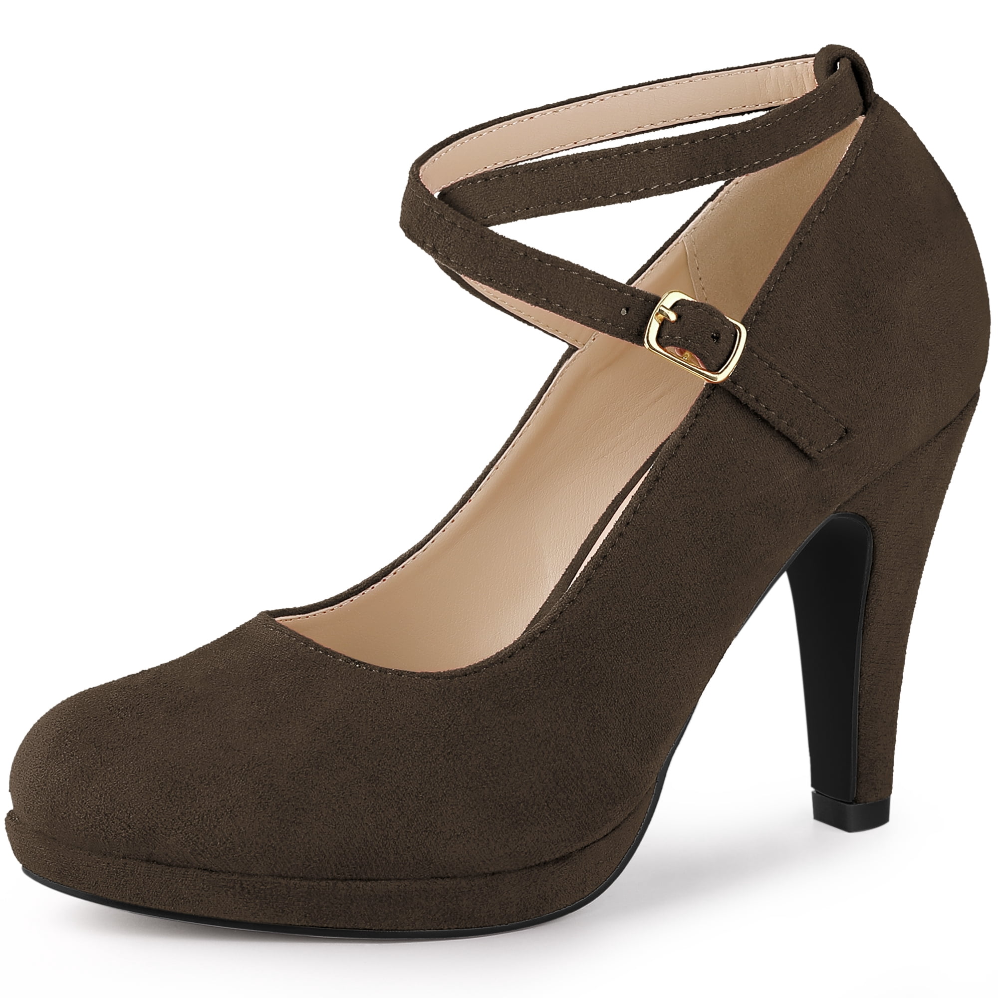 DARING DIVA Women's Platform Cross Strap Stiletto Heels Mary Jane Pumps Dark Brown 8
