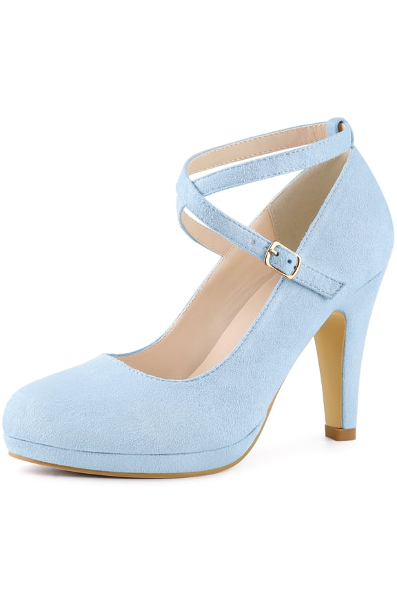 Women's Platform Cross Strap Stiletto Heels Mary Jane Pumps Light Blue 7