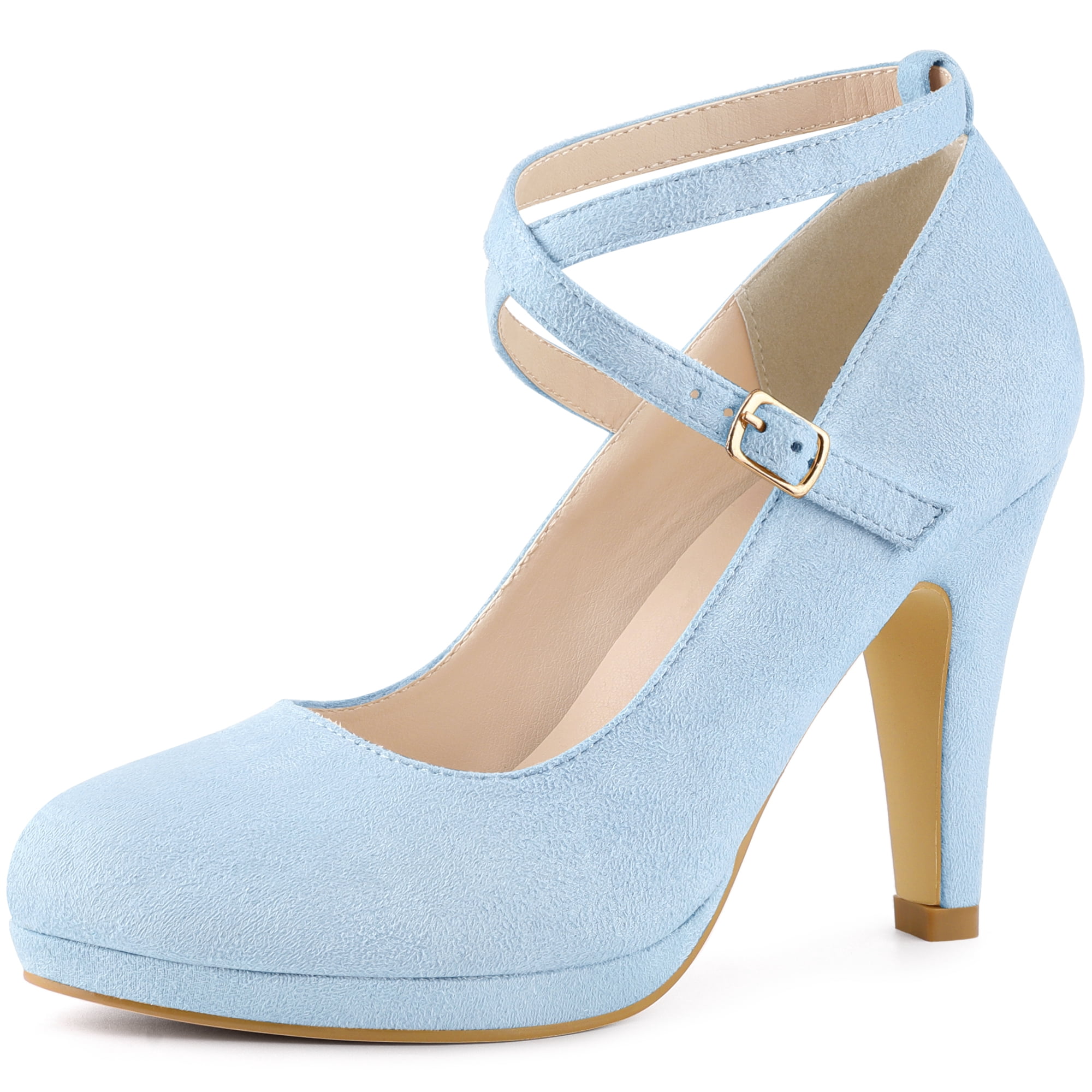 DARING DIVA Women's Platform Cross Strap Stiletto Heels Mary Jane Pumps Light Blue 8.5