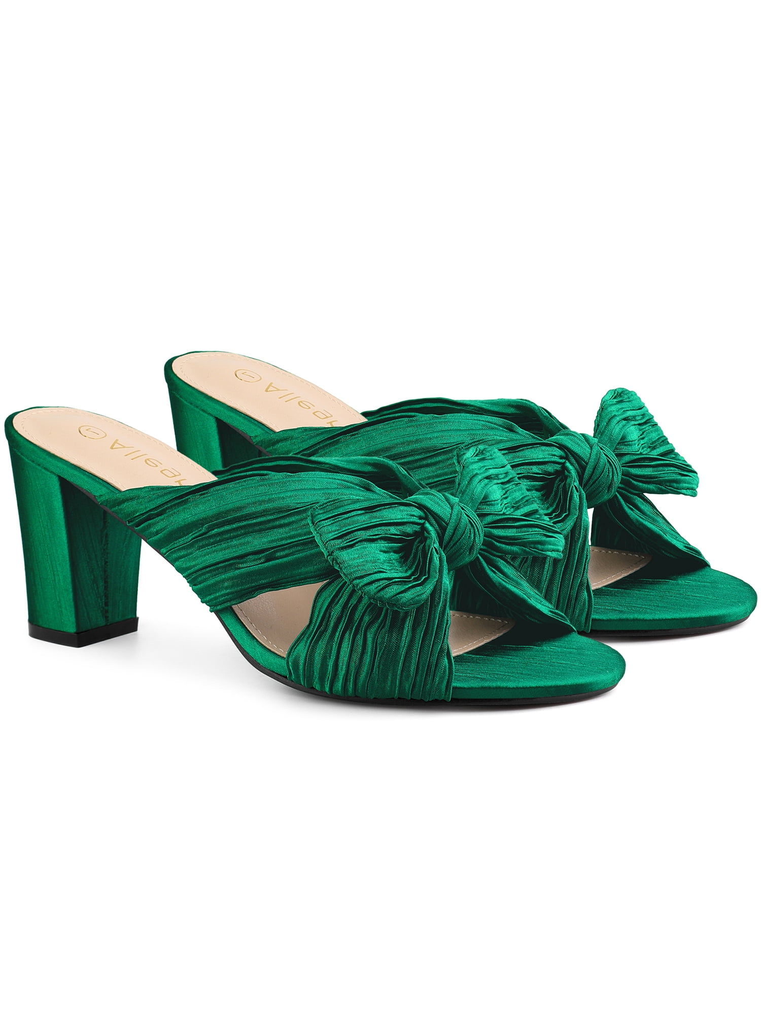 DARING DIVA Women's Pleated Bow Heels Slip on Chunky Heel Slouches Green 8