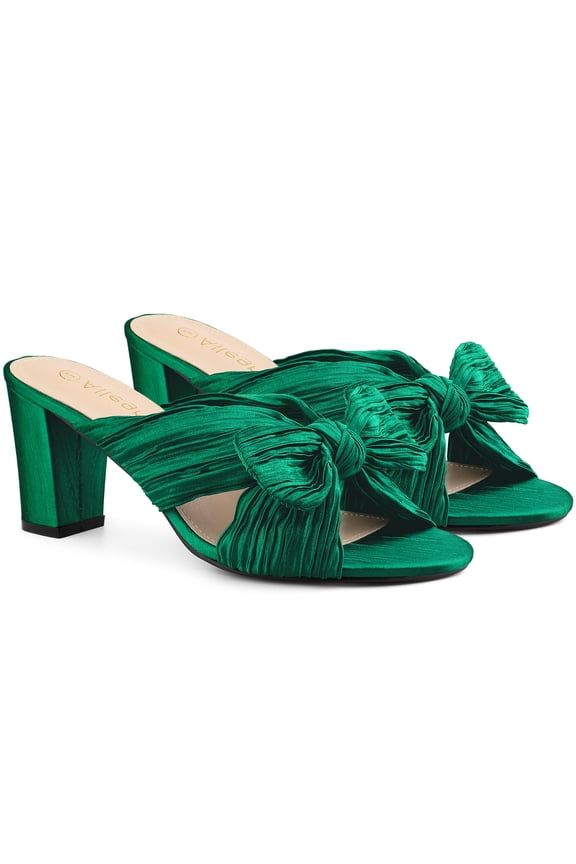 Women's Pleated Bow Heels Slip on Chunky Heel Slouches Green 8