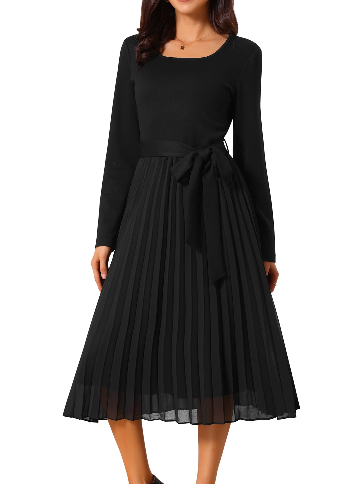 DARING DIVA Women's Pleated Crewneck A Line Flowy Long Sleeve Dress L Black