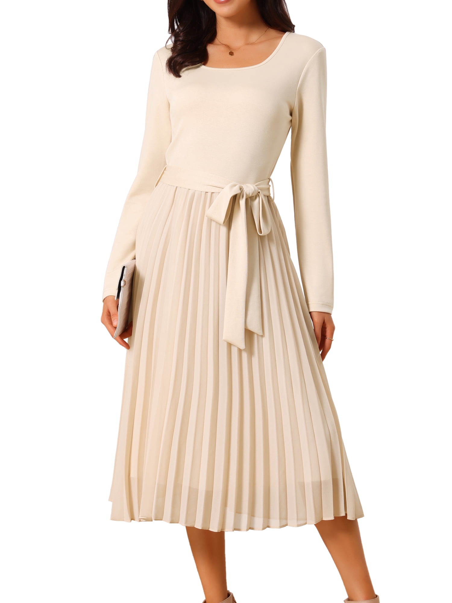 DARING DIVA Women's Pleated Crewneck A Line Flowy Long Sleeve Dress S Apricot