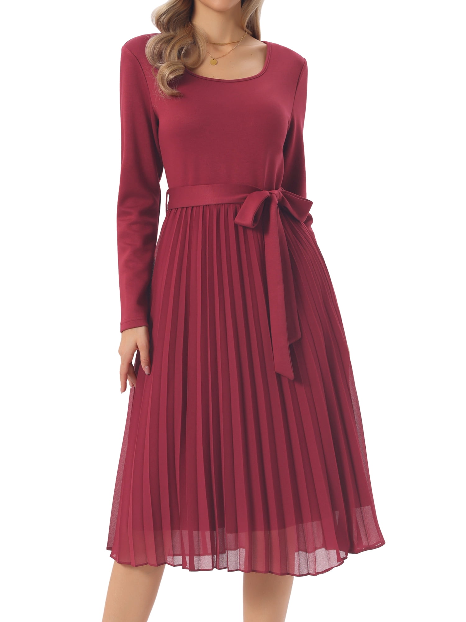DARING DIVA Women's Pleated Crewneck A Line Flowy Long Sleeve Dress XL Wine Red