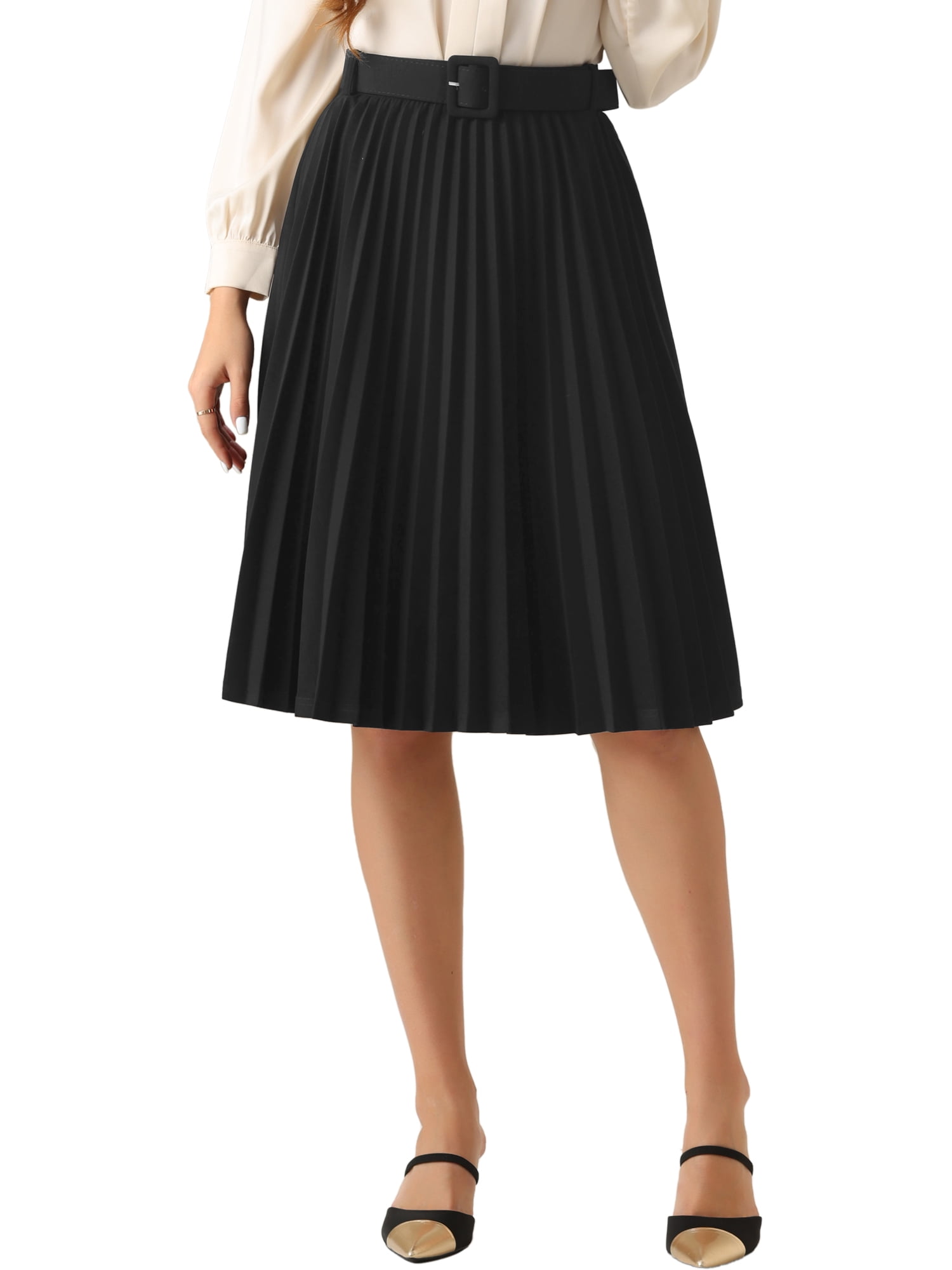 DARING DIVA Women's Pleated Elastic High Waist Belt Casual A-Line Midi Skirts S Black