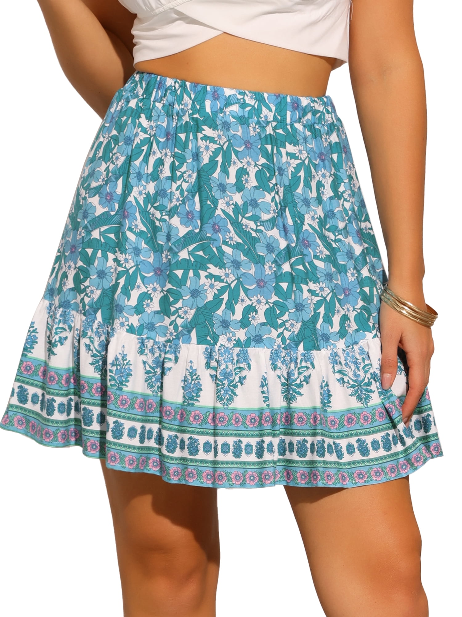 DARING DIVA Women's Pleated Flared A Line High Elastic Waist Mini Boho Skirt S