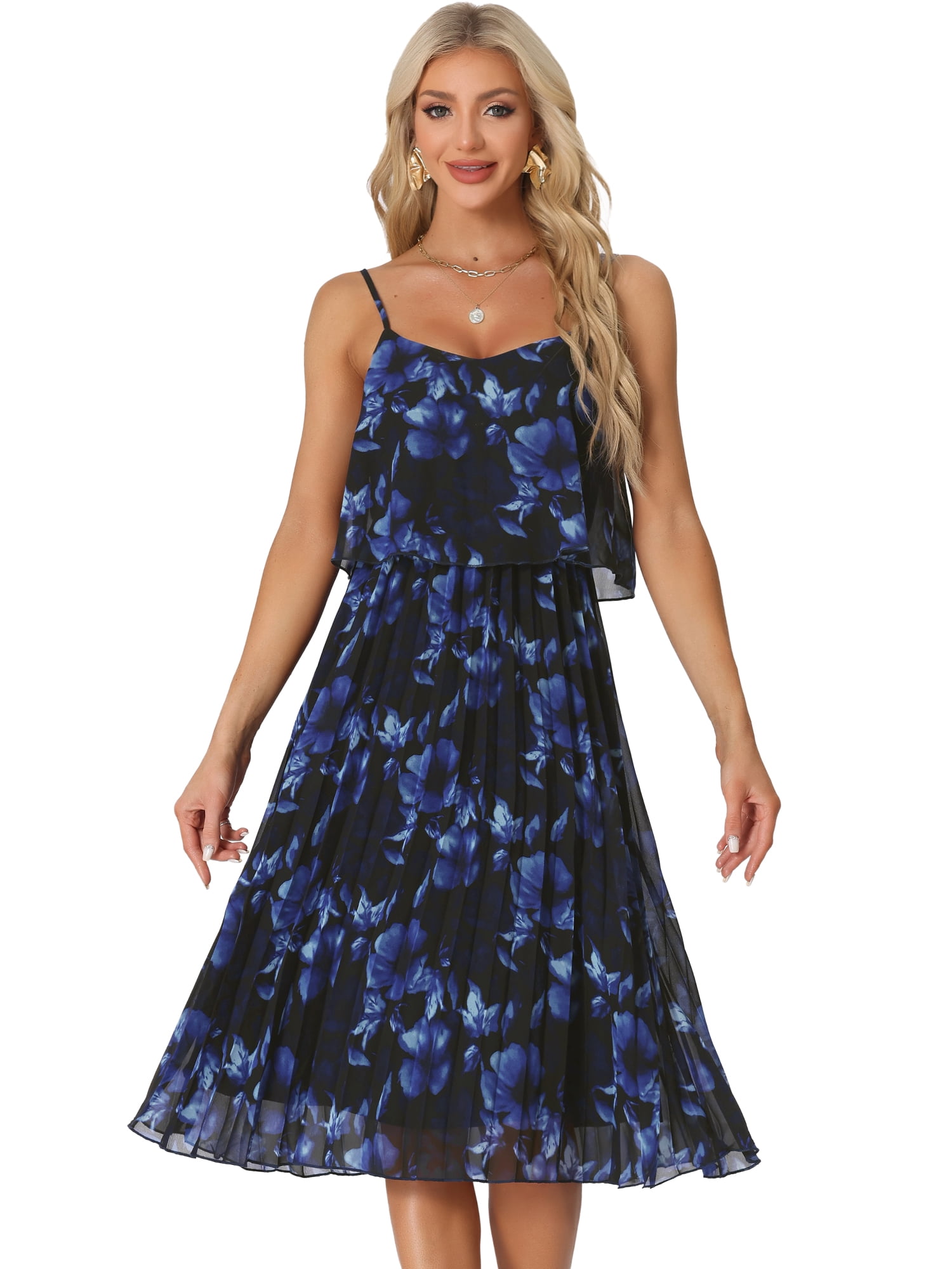 DARING DIVA Women's Pleated Floral Ruffle Midi Dresses L Blue