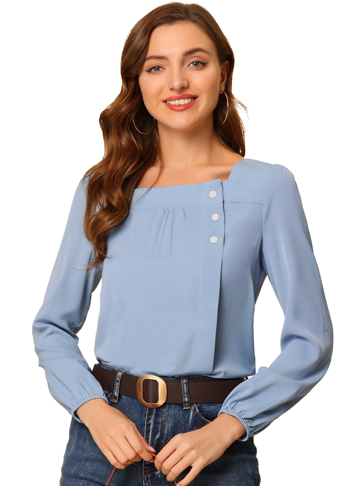 DARING DIVA Women's Pleated Front Casual Long Sleeve Square Neck Blouse XS Blue Gray