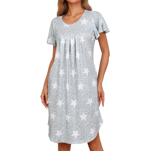 DARING DIVA Women's Pleated Front Short Sleeve Nightgown with Pockets M Gray Star