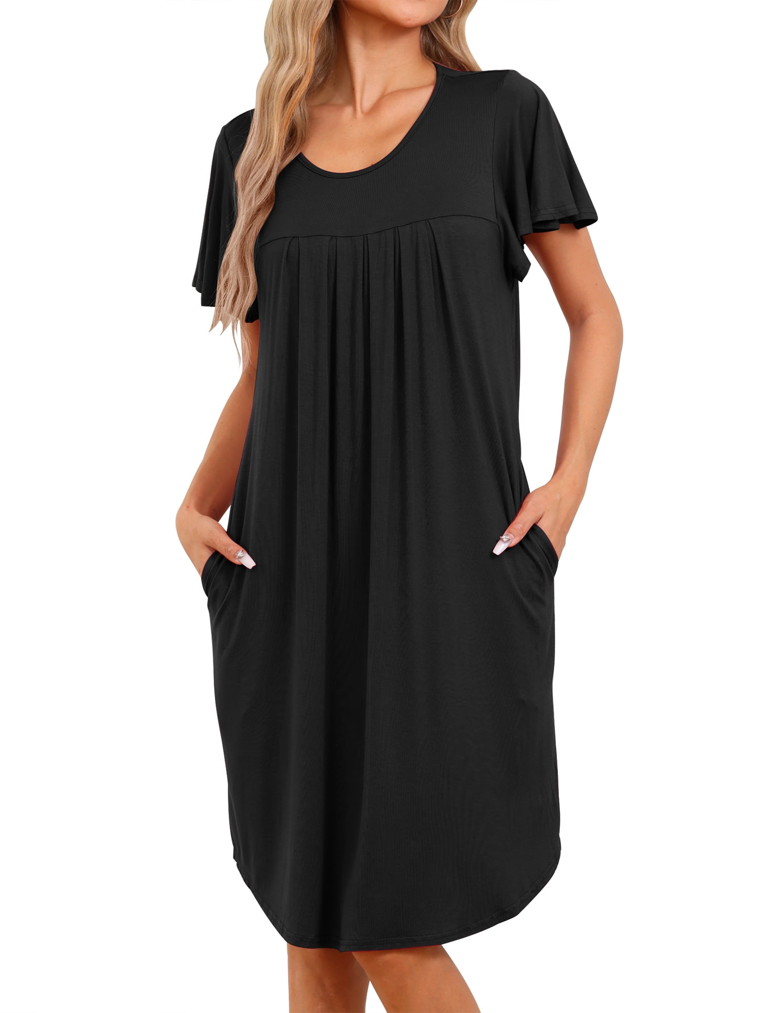 DARING DIVA Women's Pleated Front Short Sleeve Nightgown with Pockets S Black
