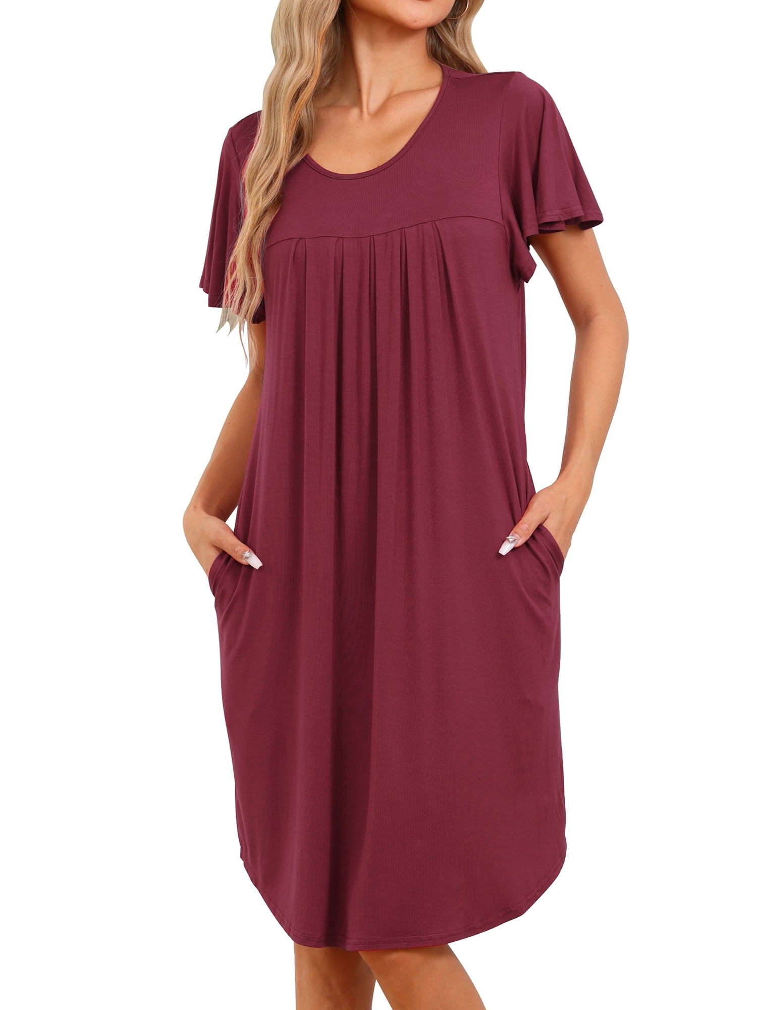 DARING DIVA Women's Pleated Front Short Sleeve Nightgown with Pockets S Claret
