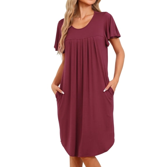 DARING DIVA Women's Pleated Front Short Sleeve Nightgown with Pockets S Claret