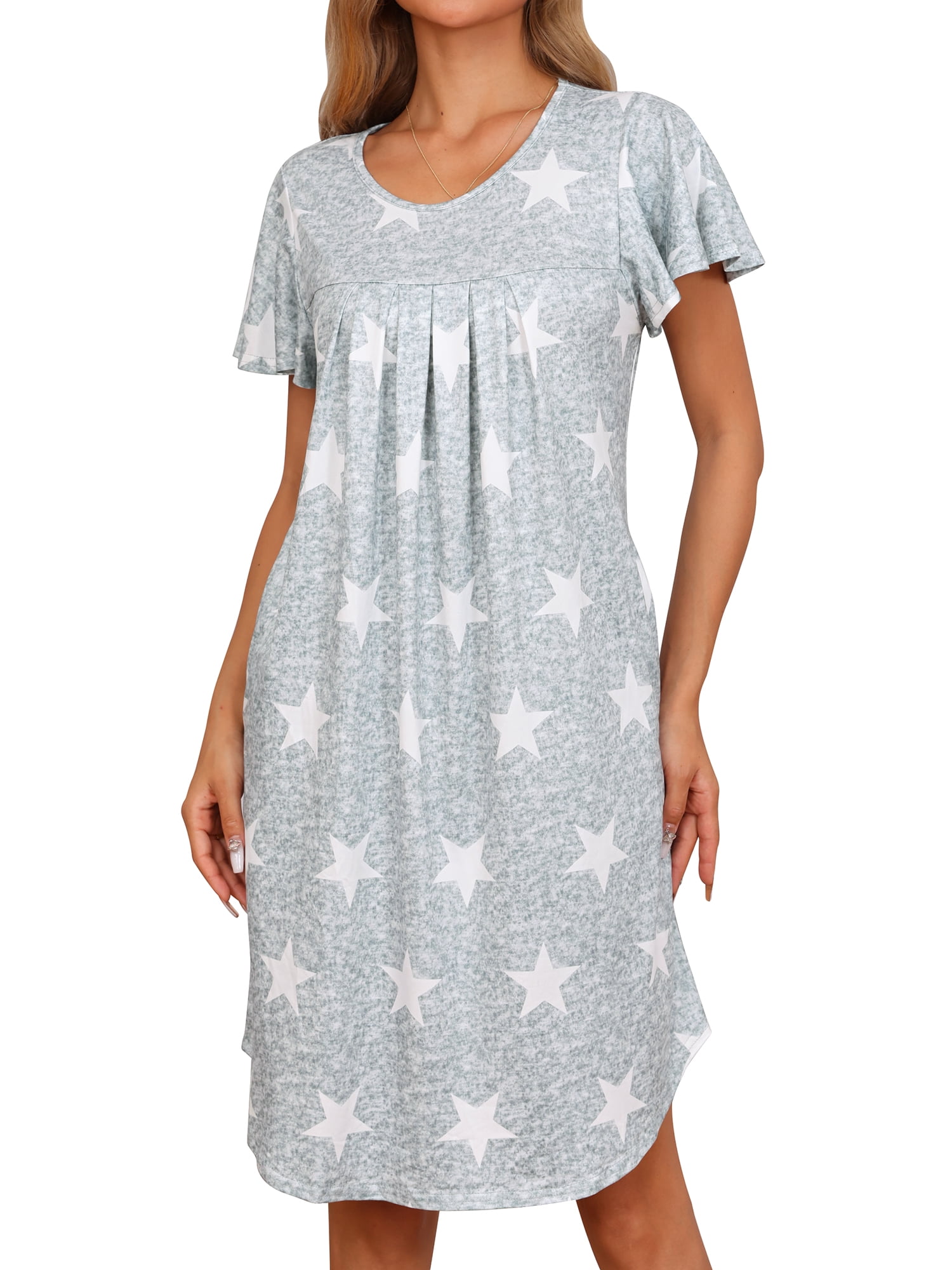 DARING DIVA Women's Pleated Front Short Sleeve Nightgown with Pockets S Gray Star