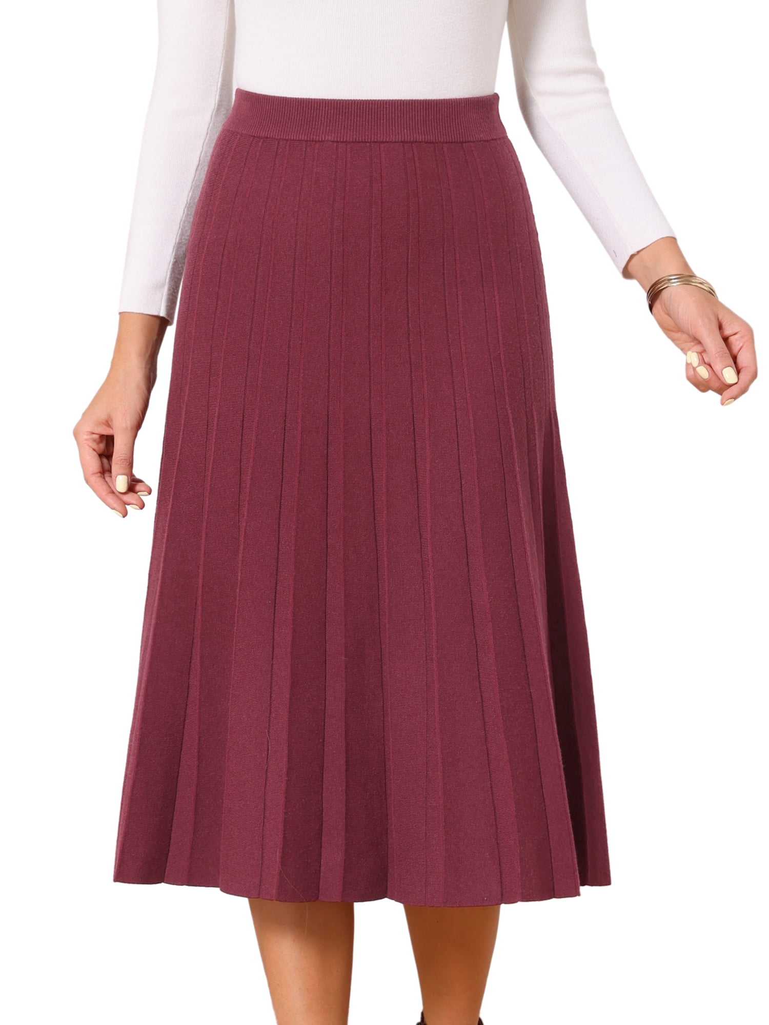 DARING DIVA Women's Pleated High Waist A Line Knit Midi Skirt Large Burgundy