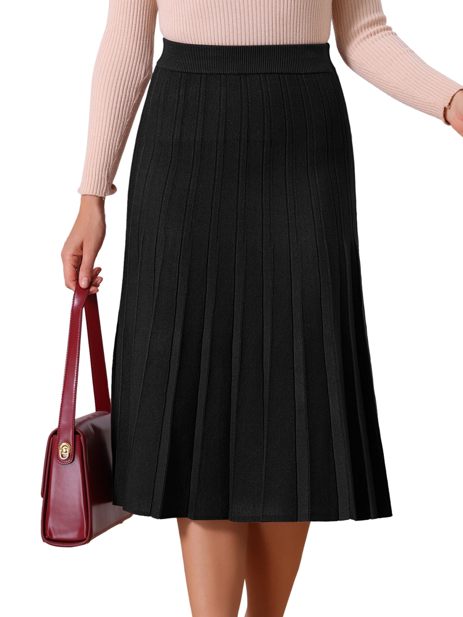 DARING DIVA Women's Pleated High Waist A Line Knit Midi Skirt S Black