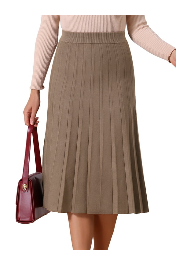Women's Pleated High Waist Stretchy A Line Knit Midi Skirt S Brown