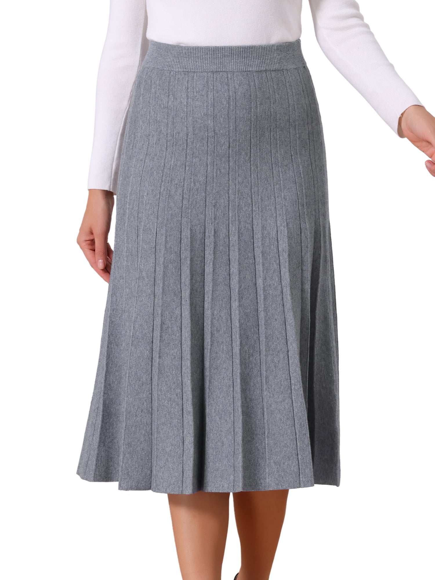 DARING DIVA Women's Pleated High Waist A Line Knit Midi Skirt S Light Grey