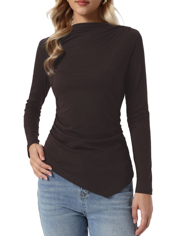 Women's Pleated Mock Neck Long Sleeves Cozy Fitted Top XL Coffee
