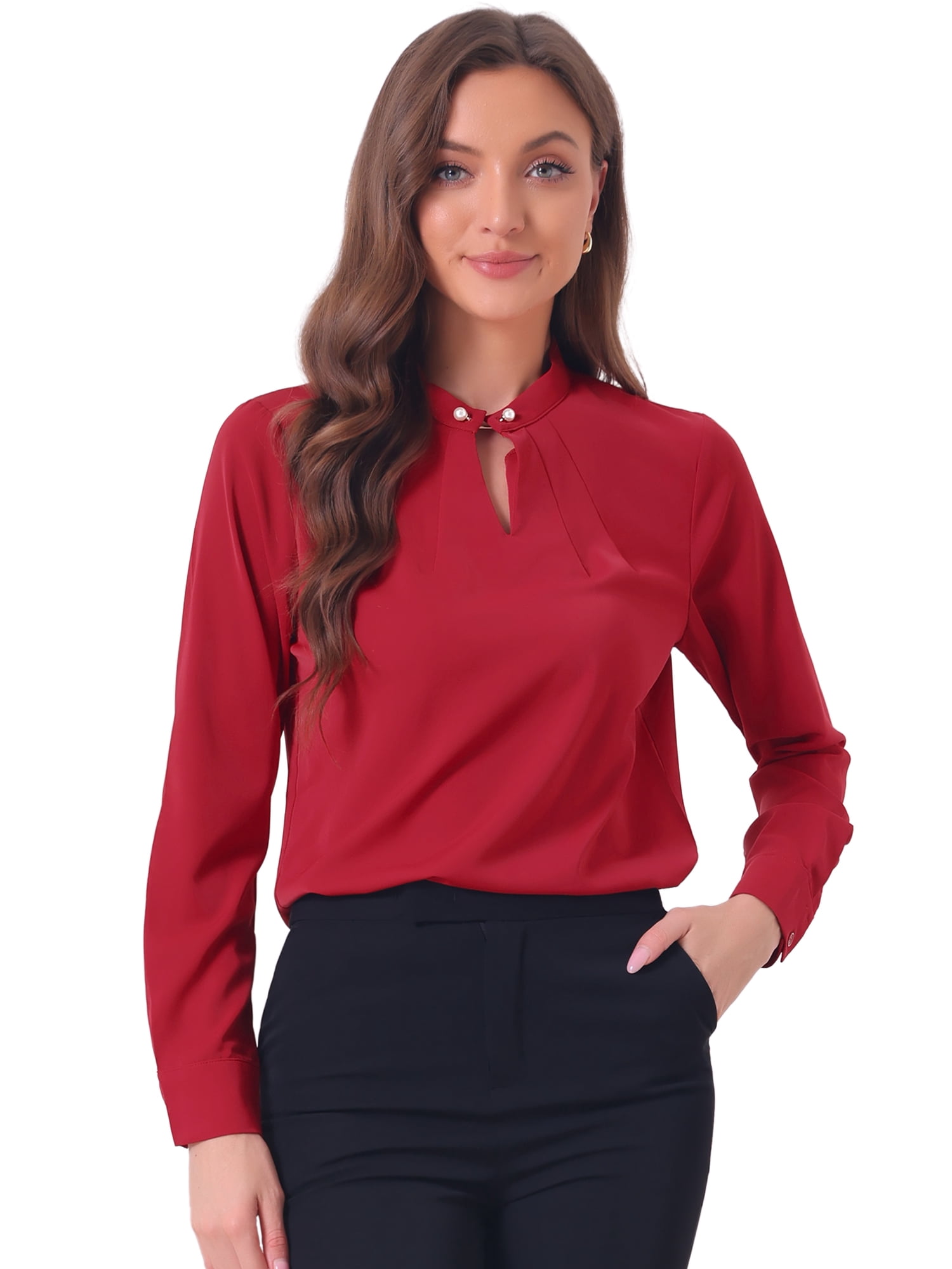 DARING DIVA Women's Pleated Mock Neck Pearl Decor Work Blouses XS Burgundy