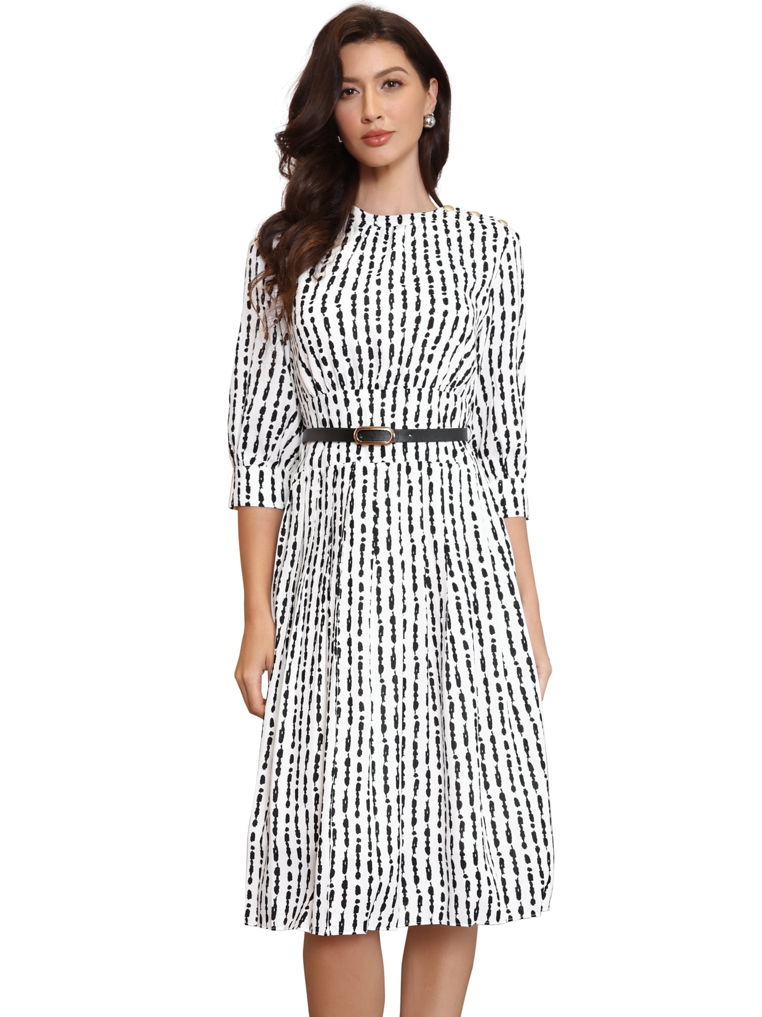 DARING DIVA Women's Pleated Puff Half Sleeve Crew Neck A-Line Office Dresses L White