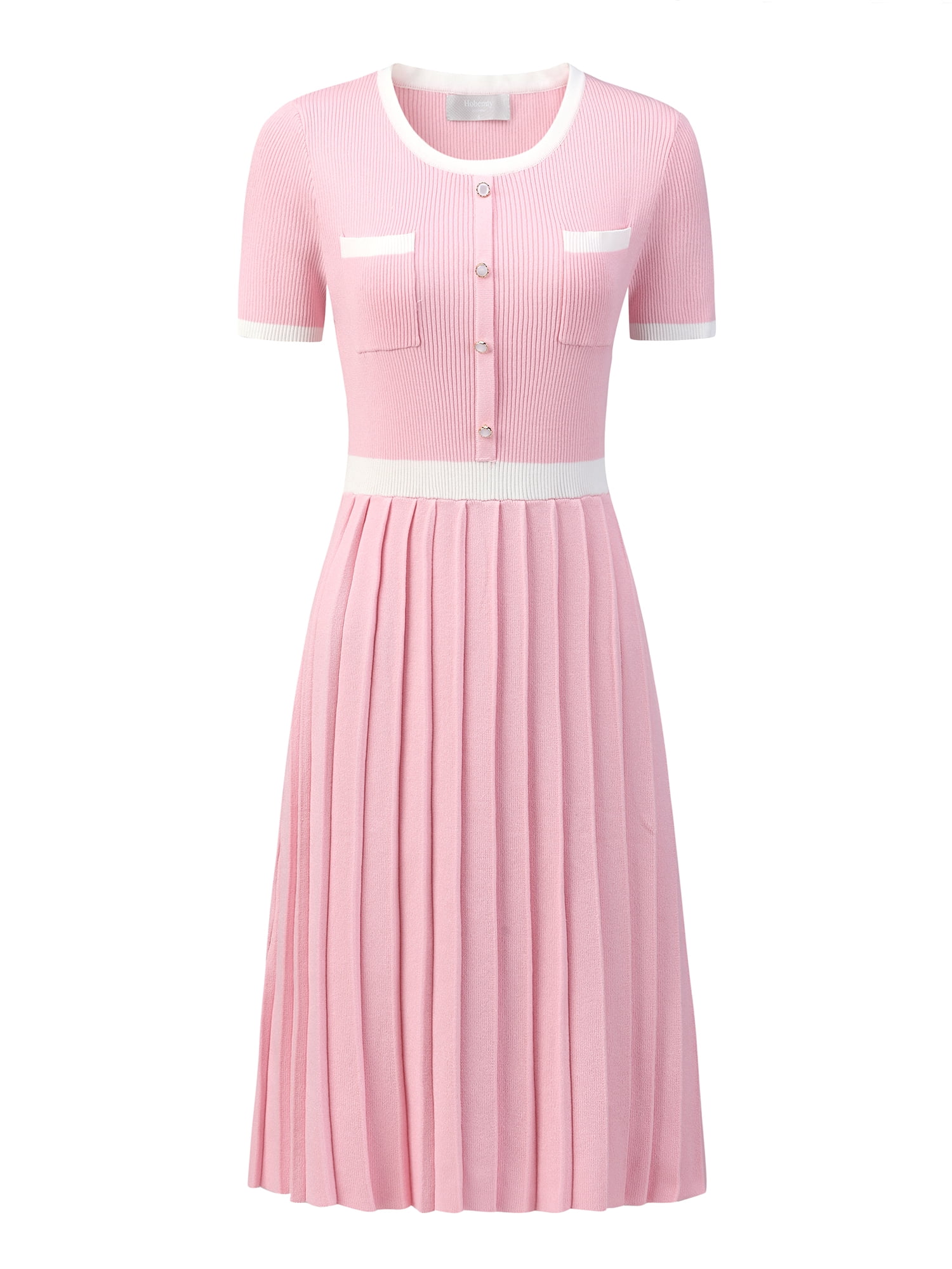 DARING DIVA Women's Pleated Short Sleeve Contrast Color Dresses M Pink
